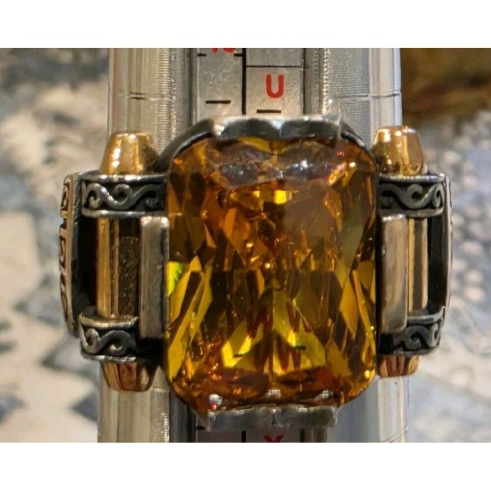 Heavy 925 Sterling Silver Rectangle Shape Citrine Stone Turkish Men's Ring